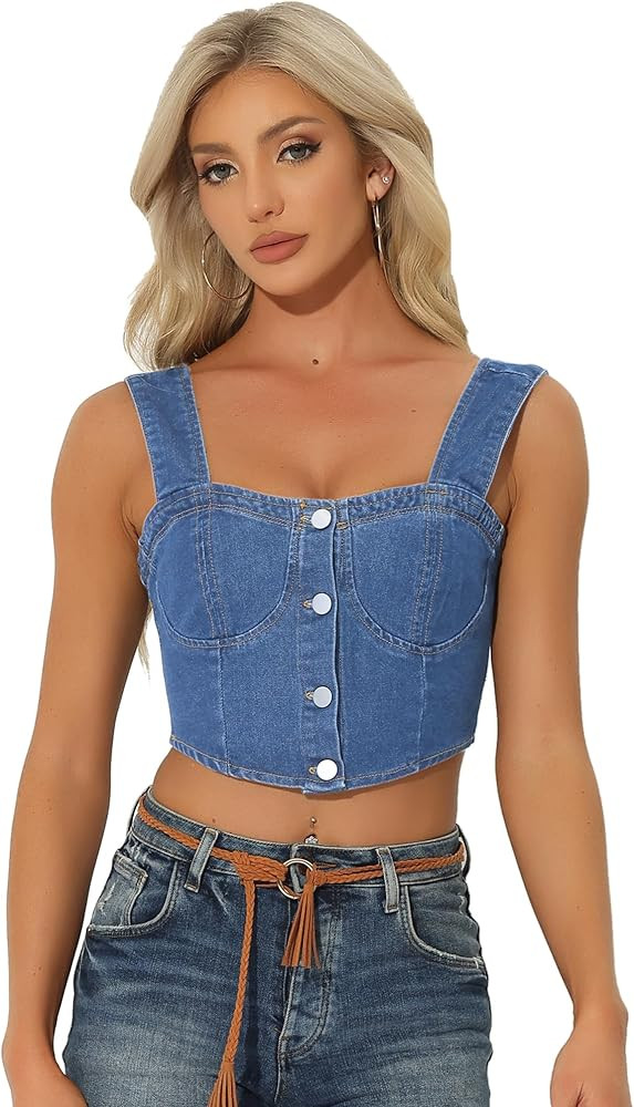 Allegra K Denim Corset Tops for Women's Button Down Sleeveless Bustier Jean Crop Tank Top | Amazon (US)