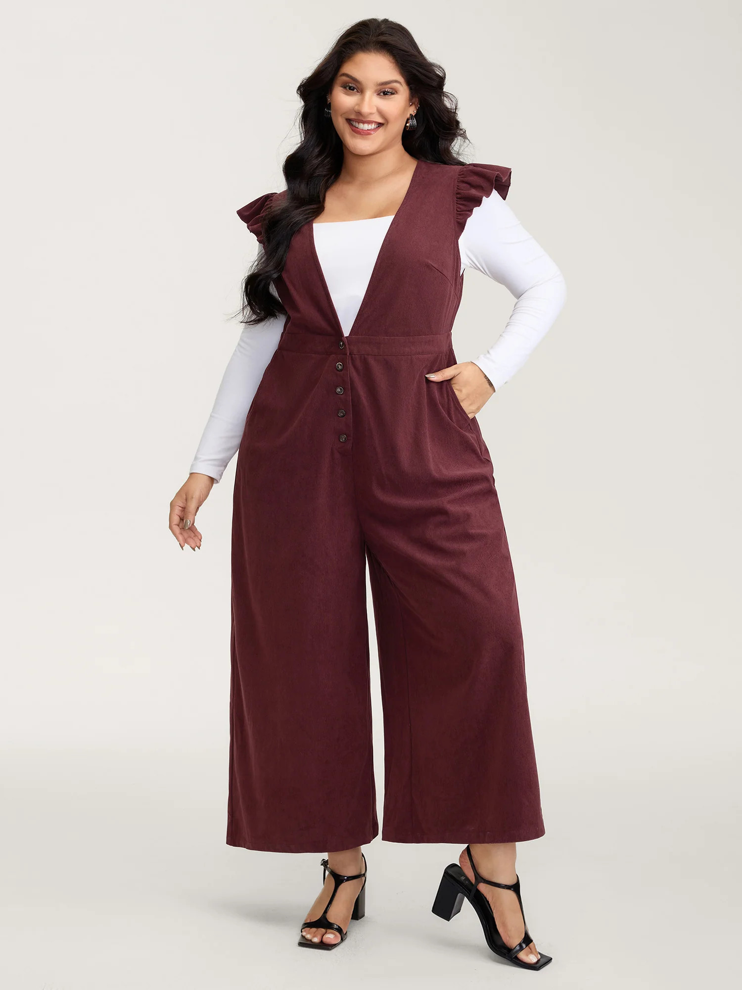 Corduroy Stretchy Waist Flutter Sleeve Jumpsuit | Bloomchic