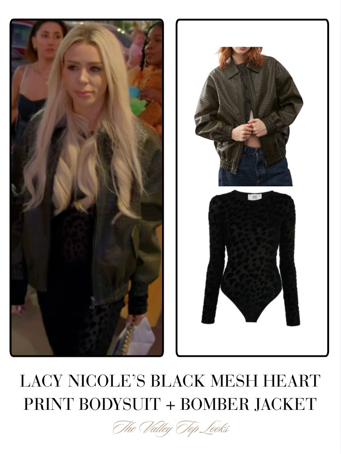 Lacy Nicole's Black Mesh Heart Print Bodysuit and Bomber Jacket // Bodysuit by AMI Paris // Shop Jacket in Burgundy  

 