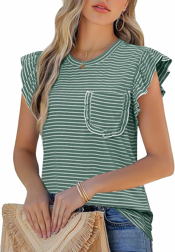 JUSTFASHIONNOW Womens Summer Tops Striped T-Shirts 2025 Ruffle Short Sleeve Crew Neck Casual Blou... | Amazon (US)