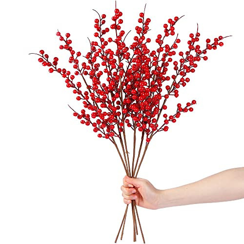 Sggvecsy 6 Pack Artificial Red Berry Stems Christmas Red Berries Holly Berry Branches 25.2 Inches Fake Burgundy Berry Picks for Floral Arrangements Christmas Tree Holiday Home DIY Crafts Decor | Amazon (US)