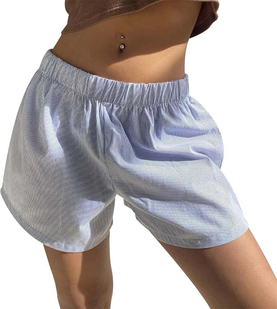 Women Y2k Plaid Shorts Stripes Elastic Waist Wide Leg Botton Gingham Boxer Lounge Shorts Cute Goi... | Amazon (US)