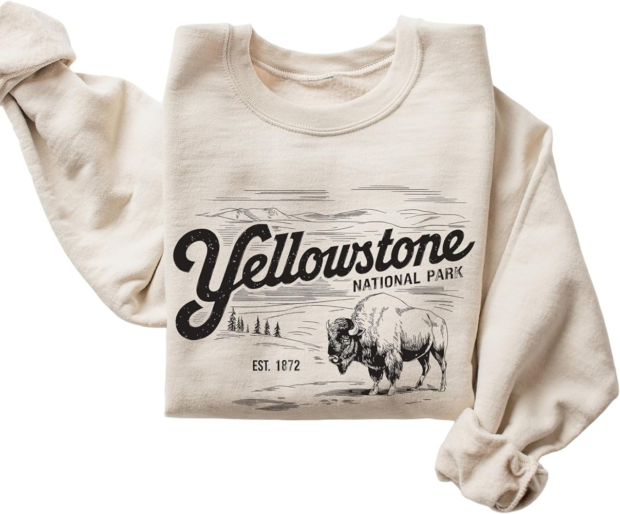 Adult Retro Yellowstone National Park Sweatshirt, Vintage Buffalo Design, Est. 1872, Cream Color,... | Amazon (US)