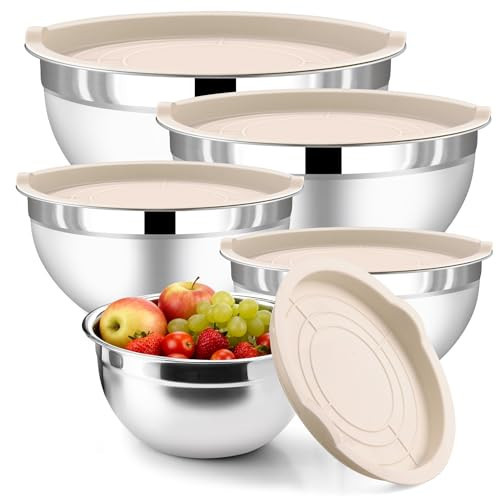Funnydin 5 Piece Stainless Steel Mixing Bowls with Lids Set - Khaki Nesting Metal Mixing Bowls for Kitchen, Sizes 4.5, 4, 3.5, 2.1, 1.5 Qt for Baking, Cooking and Serving, Dishwasher Safe | Amazon (US)