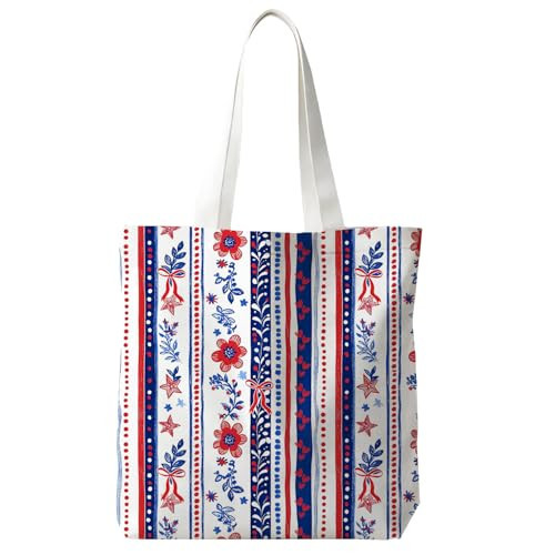 awdschkj Red White Blue Striped Floral American Patriotic Canvas Tote Bag for Women, 4th of July Gifts for Women, USA Cottagecore Reusable Shoulder Bag for Work Beach Travel and Shopping Grocery | Amazon (US)