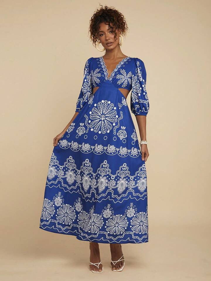 Travachic Vacation Woven Floral V-Neck Short Sleeve Waist Hollow Fitted Dress For Women | SHEIN