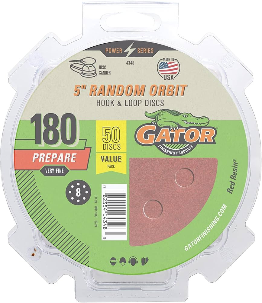 5" Random Orbit Hook & Loop Red Resin Aluminum Oxide Sanding Discs, 8-Hole, 180 Grit, 50 Pack | Amazon (US)