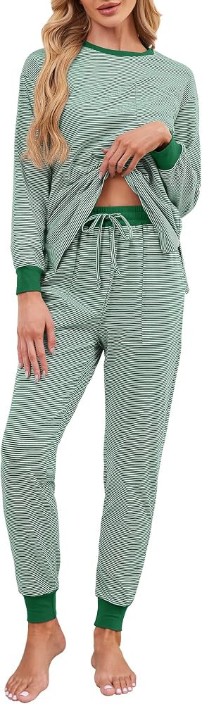 Soft Cotton Pajamas for Women Set Striped Long Sleeve Lounge Sets 2 Piece Pajama Tops and Jogger ... | Amazon (US)