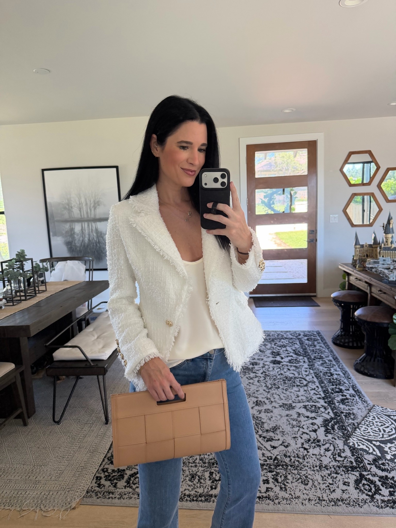 My @thenolishop  blazer, camisole and jeans are up to 70% off with code INSIDER! 

I’m wearing a size medium in the cami but needed a size small. It runs large. I’m wearing a small in the tweed blazer and a 27 in the jeans.  

My @Gigi New York  bag is 15% off with code DTKAUSTIN15.

#LTKTall #LTKSaleAlert #LTKOver40