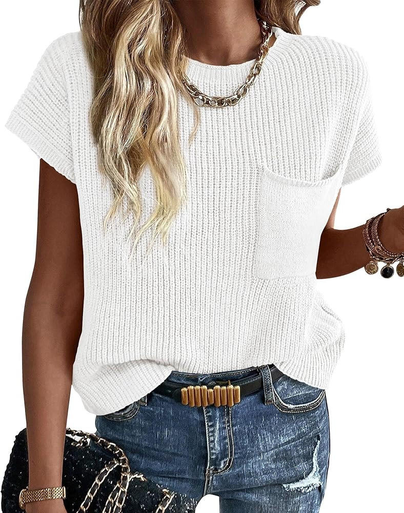 KIRUNDO Womens Spring Cap Sleeve Tops 2024 Summer Casual Crew Neck Lightweight Sweater Vest Ribbe... | Amazon (US)