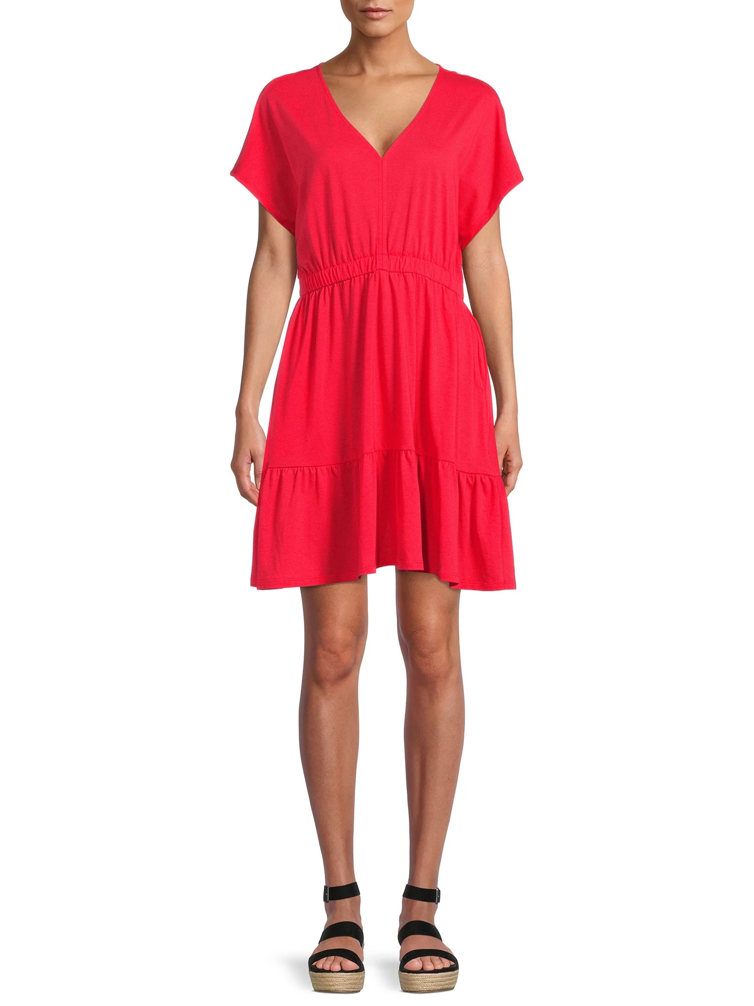 Time and Tru Women's  Short Sleeve Knit V-Neck Dress | Walmart (US)