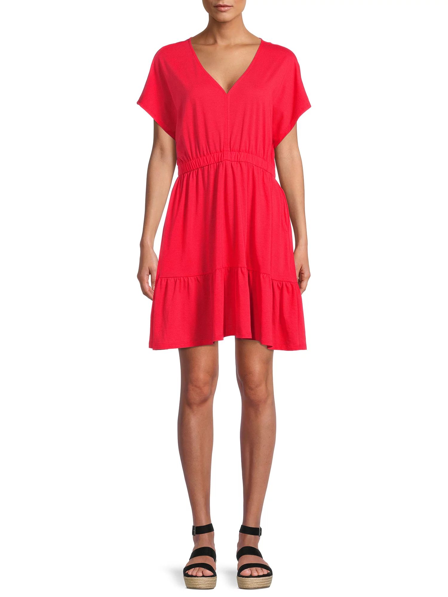 Time and Tru Short Sleeve Knit V-Neck Tiered Dress for Women | Walmart (US)
