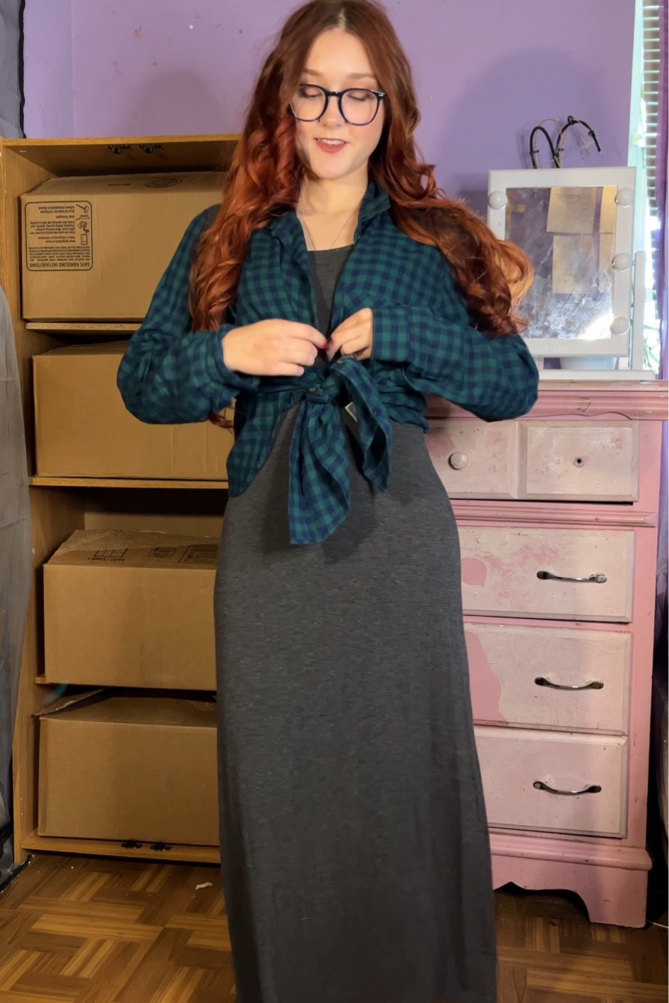 Green and blue plaid shirt + long gray dress outfit idea for fall🍁

#LTKStyleTip