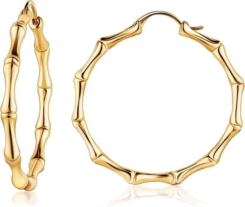 Womens Gold Bamboo Hoop Earrings | Barzel 18K Gold, Rose Gold, or White Gold Plated Bamboo Hoop E... | Amazon (US)