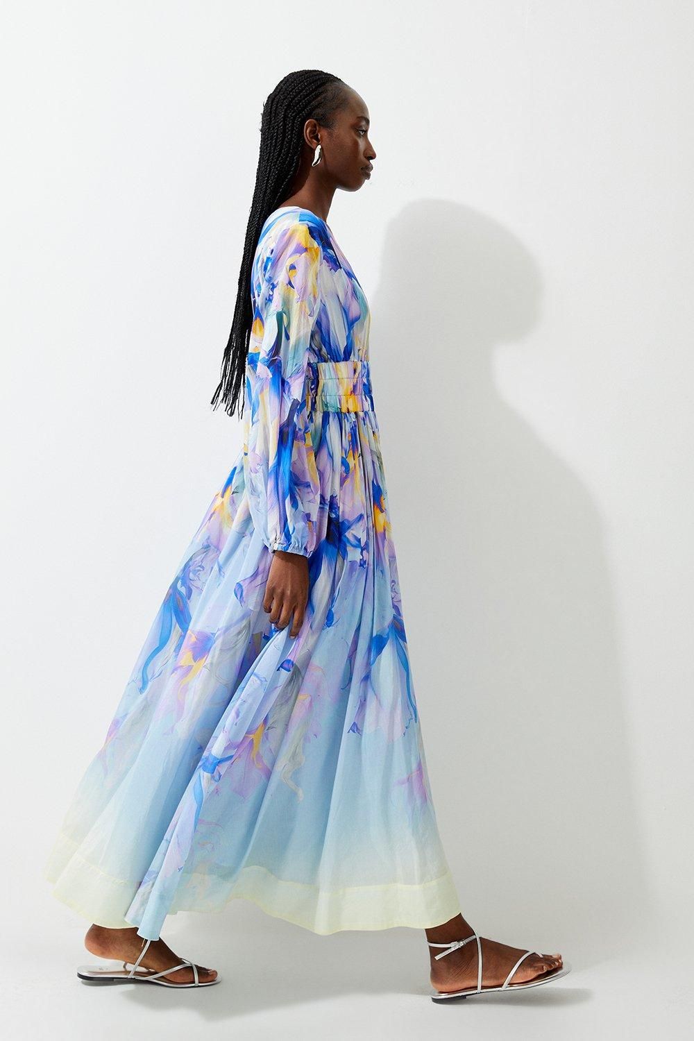 Ombre Floral Silk Cotton Plunge Maxi Dress | Karen Millen US