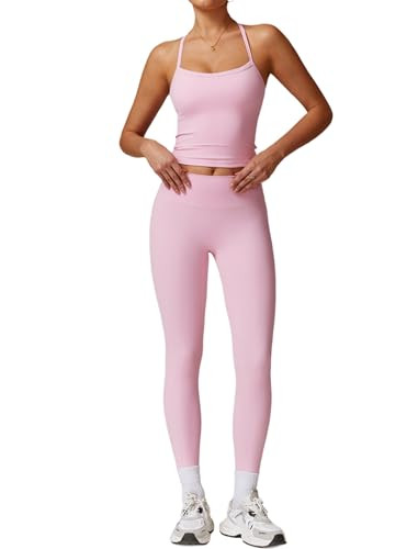 Womens Workout Sets Two Piece Seamless Stretch Cross Back Tank Top Matching Tummy Control High Waist Leggings Set 2 Piece For Women Gym Yoga Active Wear Outfits Athletic Work Out Clothes Pink XL | Amazon (US)