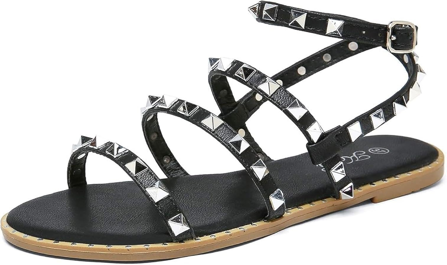 katliu Women's Flat Sandals Strappy Studded Sandals Gladiator Sandals with Ankle Strap | Amazon (US)