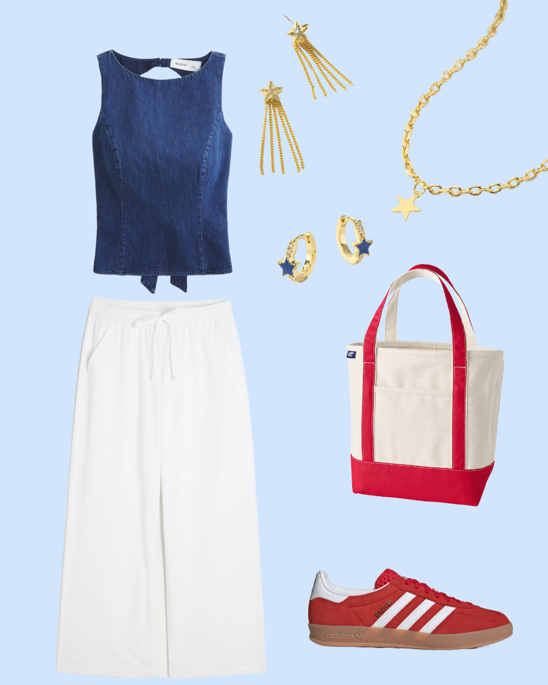 Red, white & denim done right!!! This summer outfit is your go-to for a cute & comfy 4th of July look! Styled with a fitted denim tank, breezy white pants, and bold red Adidas sneakers for a sporty, festive twist. Finished with gold star jewelry & a classic canvas tote — perfect for BBQs, fireworks, or weekend getaways. Everything’s linked! #FourthOfJulyOutfit #LTKFourthOfJuly #SummerOutfitInspo #RedWhiteAndBlue #LTKUSAstyle #DenimTop #WhitePantsOutfit #AdidasStyle #LTKHolidayWeekend #PatrioticStyle #StarJewelry #LTKsporty #LTKcasualstyle 

 #LTKSummerEdit #LTKSeasonal #LTKPetite