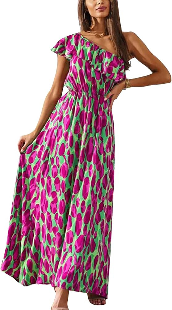 Yanfoam Women's Boho One Shoulder Floral Dress Ruffle Sleeveless Casual Summer Flowy Beach Long M... | Amazon (US)
