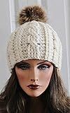 Handmade Cable Cream Off White Hat with Detachable Pom Pom Beanie Boho Womens Girls Teens Winter | Amazon (US)