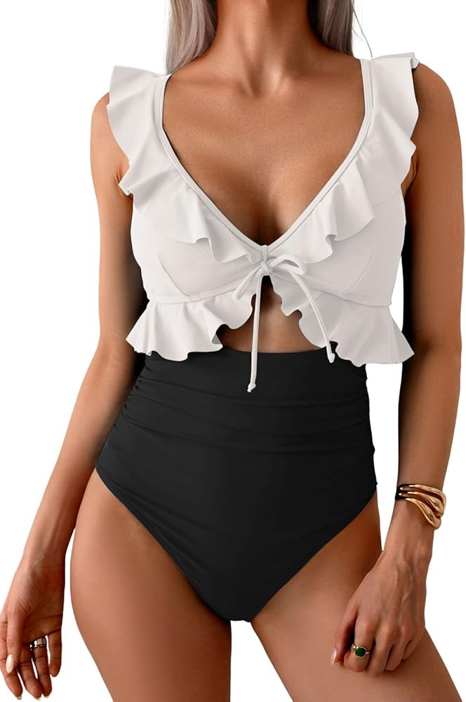 Eomenie One Piece Swimsuit for Women Tummy Control Ruffle Bathing Suit V Neck Ruched Swim Suit Sl... | Amazon (US)