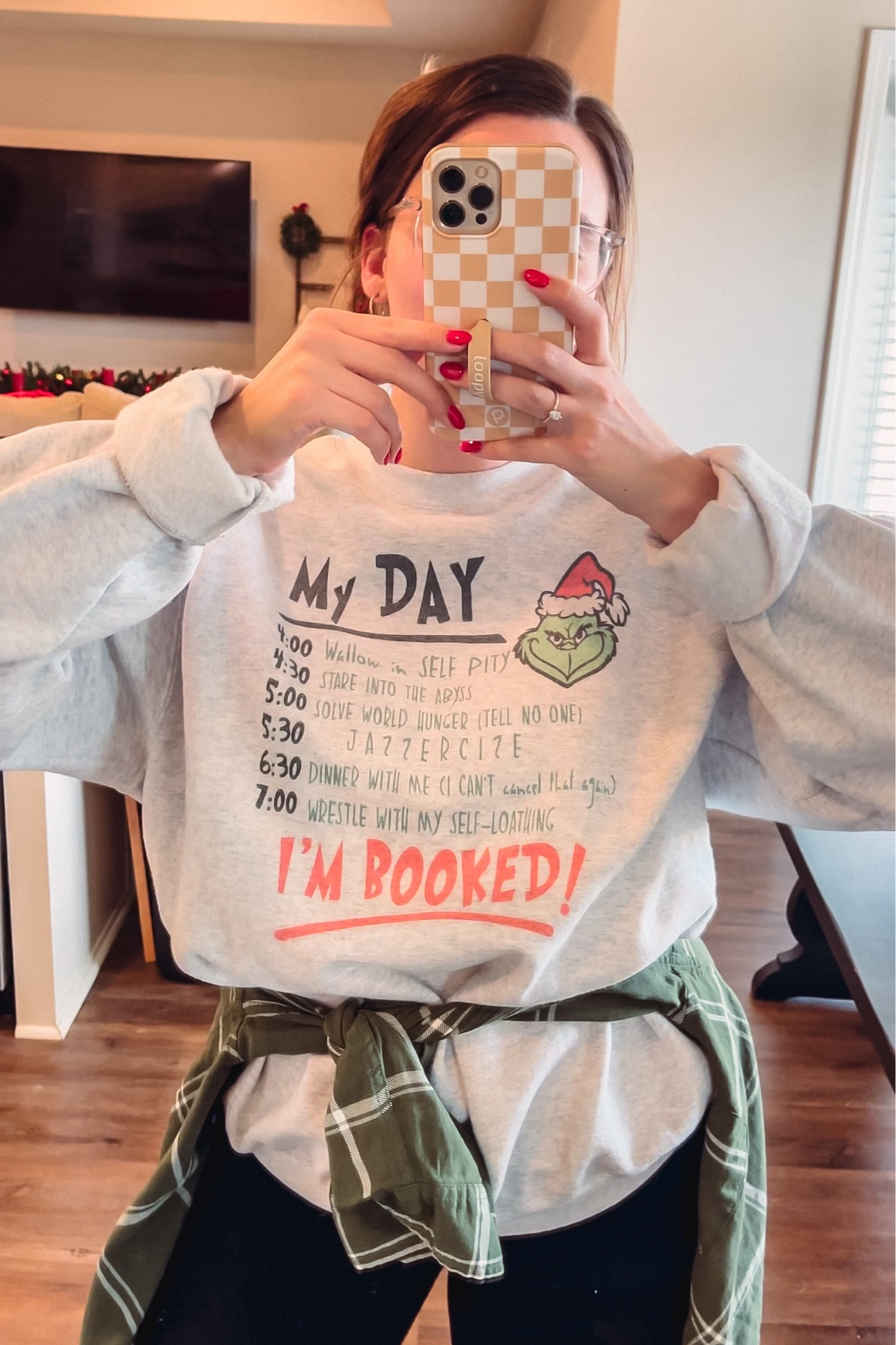 Wearing size L in grinch sweatshirt! 