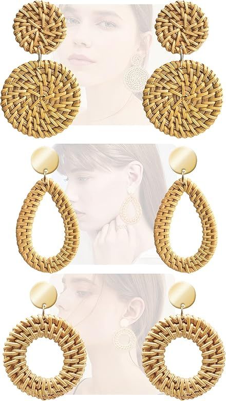 Rattan Earrings for Women Handmade Straw Wicker Braid Drop Dangle Earrings Lightweight Geometric Sta | Amazon (US)