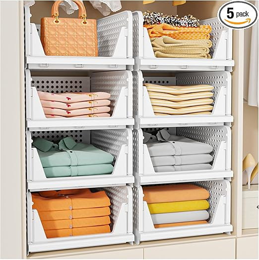 SNSLXH 5 Pack Stackable Closet Storage Basket, Multifunctional & Foldable Closet Organizer for Ba... | Amazon (US)