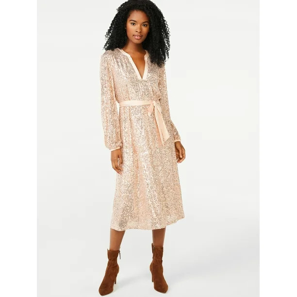 Scoop Women's Stretch Sequin Belted Midi Dress - Walmart.com | Walmart (US)