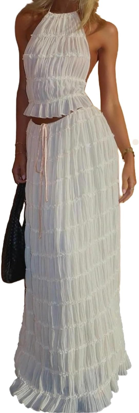 Women Two Piece Maxi Skirt Set Y2k Sleeveless Crop Cami Top Ruffle Tiered Flowy Long Skirt Vacati... | Amazon (US)