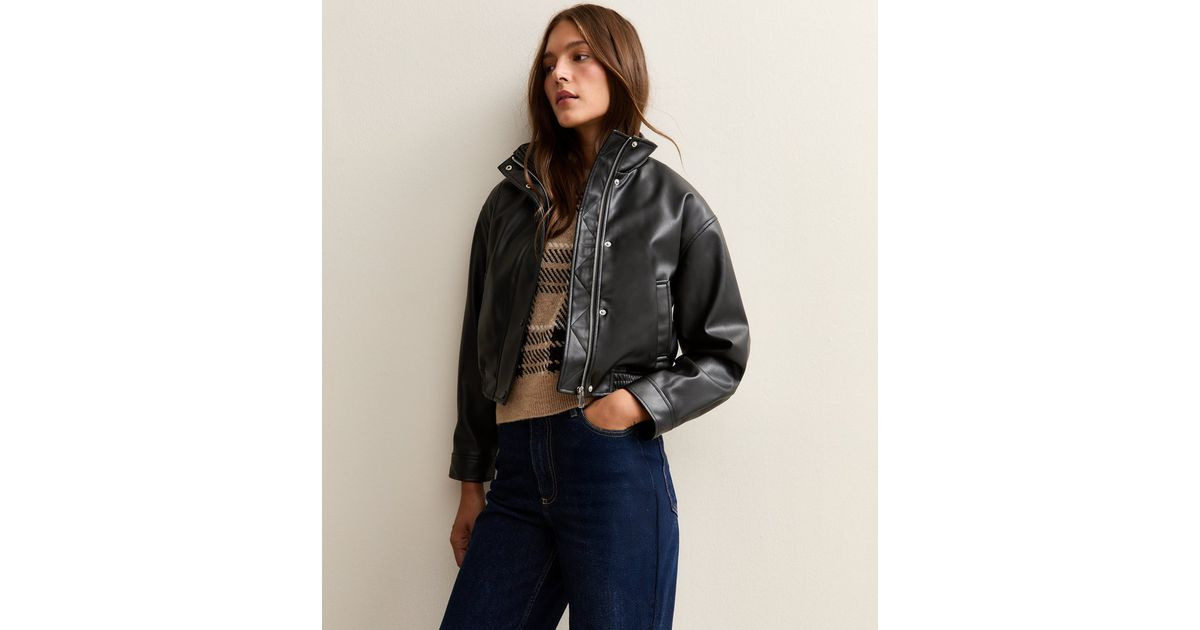 Black High Neck Faux Leather Bomber Jacket | New Look | New Look (UK)