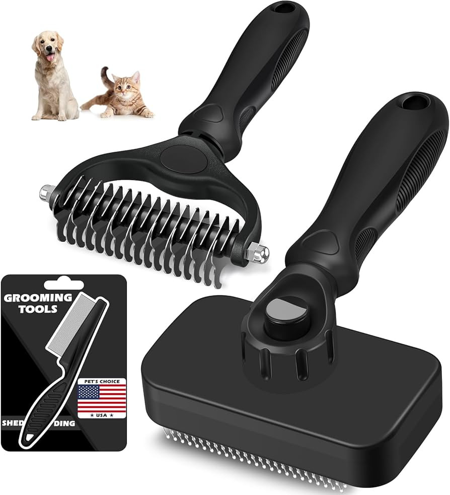 3PCS Self Cleaning Slicker Brush & Pet Grooming Rake & Flea Comb for Dogs,Cats and Horses | Doubl... | Amazon (US)