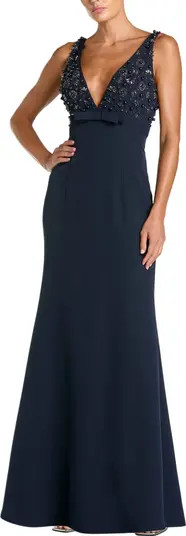 Women's Crepe Sleeveless Beaded V Neck Gown With Bow | Nordstrom