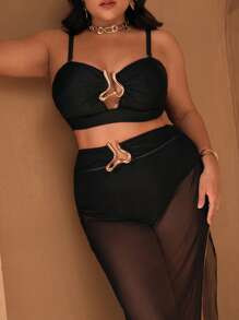 Swim Oasis 3pcs/Set Plus Size Women's Oasis High-End Black Bustier Top With Detachable Shoulder S... | SHEIN