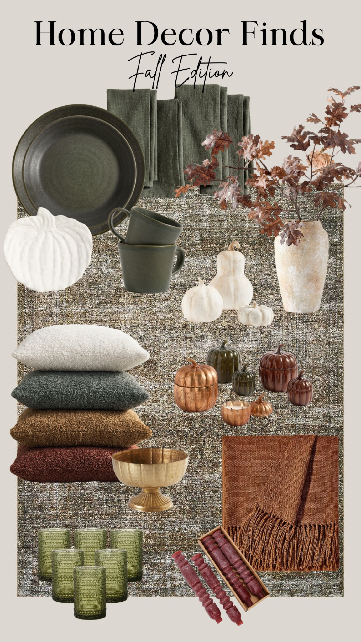 Home Decor Finds: Fall edition. Rich shades of muted green, orange, red, and creams. Vases, pottery, table linens, candles, throw pillows and more.

#LTKHome