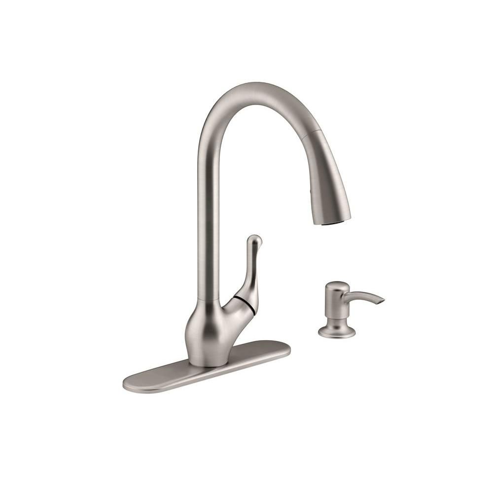 KOHLER Barossa Single-Handle Pull-Down Sprayer Kitchen Faucet with Soap/Lotion Dispenser in Vibra... | The Home Depot