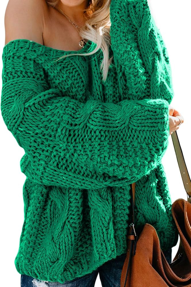 Ecrocoo Women's Off Shoulder Long Sleeve V-Neck Ribbed Cable Pullover Sweaters Loose Fitting Jump... | Amazon (US)