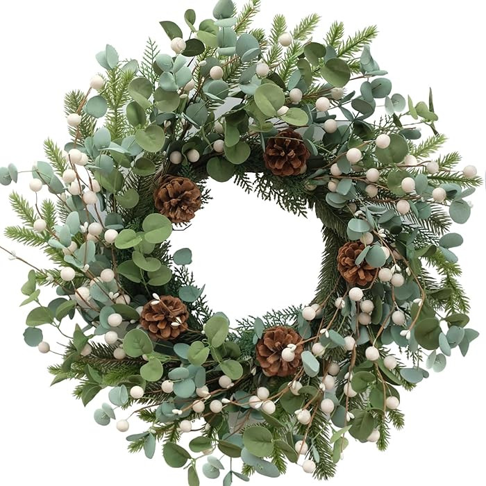 Idyllic Eucalyptus Wreath for Front Door,20" White Berries Christmas Wreath with Pine Cones, Deco... | Amazon (US)