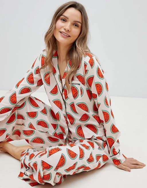ASOS DESIGN Watermelon Traditional 100% Modal Long Leg Pajama Set | ASOS US