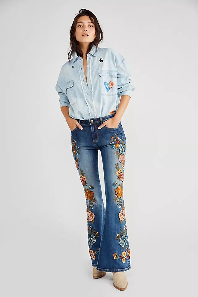 Driftwood Farrah Embroidered Flare Jeans | Free People (Global - UK&FR Excluded)