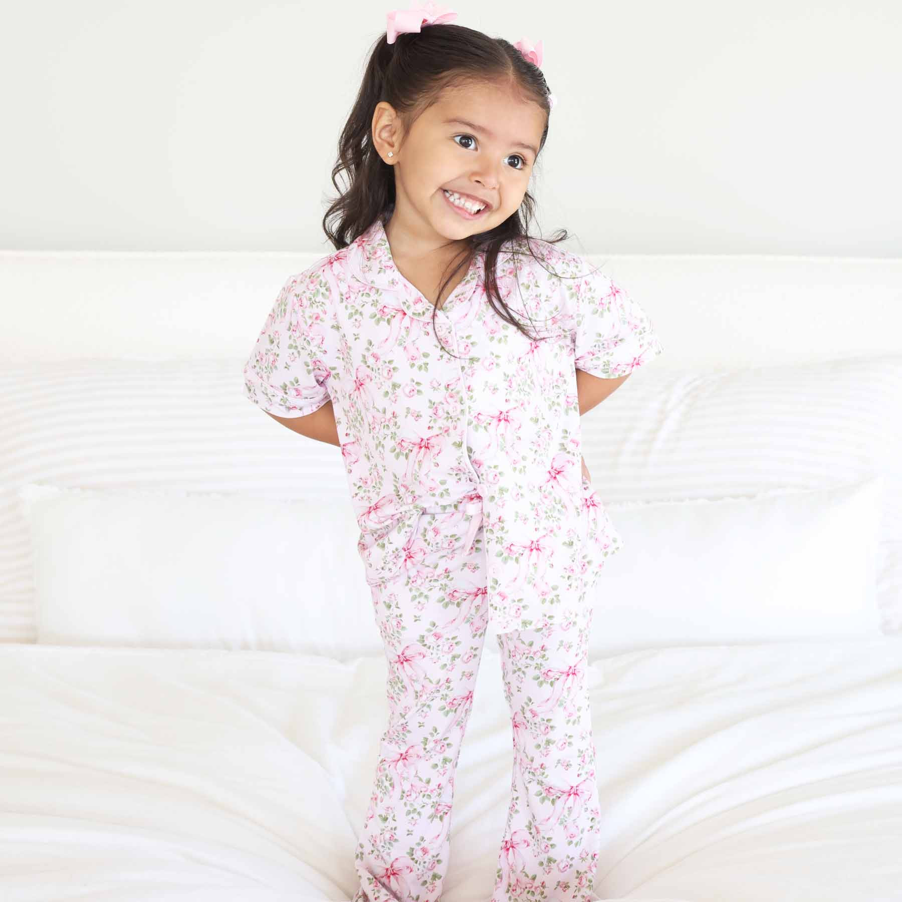 Girl's Two Piece Flare Lounge Set | Bows in Bloom | Caden Lane