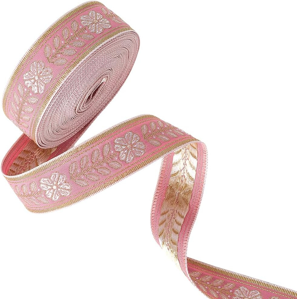 10 Yards Pink Floral Jacquard Ribbon Gold Embroidery Trim Tape Vintage Boho Flower Woven Embroide... | Amazon (US)