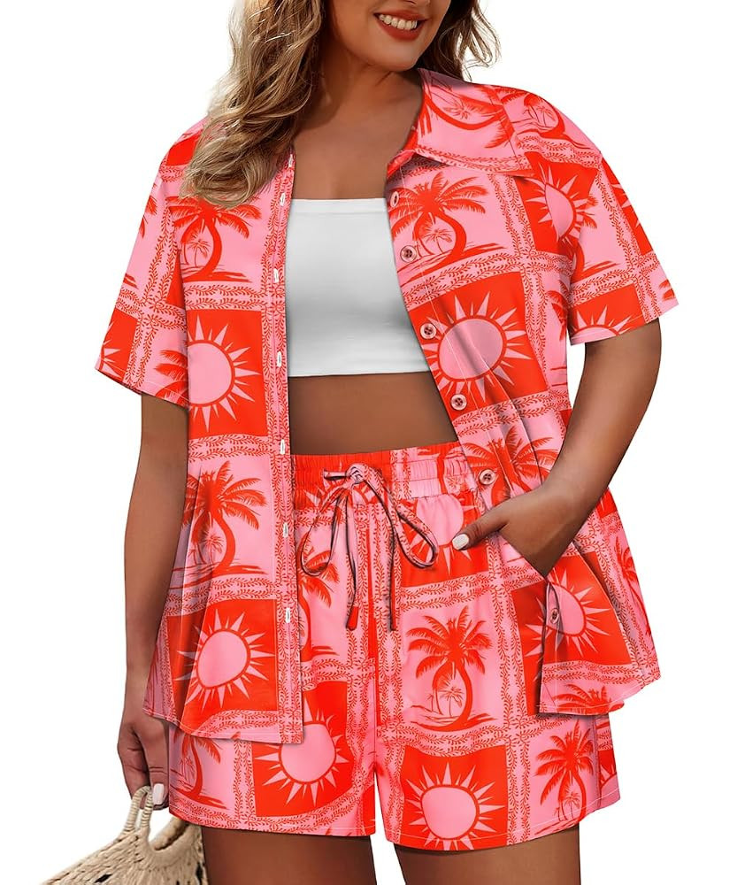 CARCOS Women's Plus Size 2 Piece Sets Summer Top and Shorts Set Short Sleeve Vacation Casual Trac... | Amazon (US)