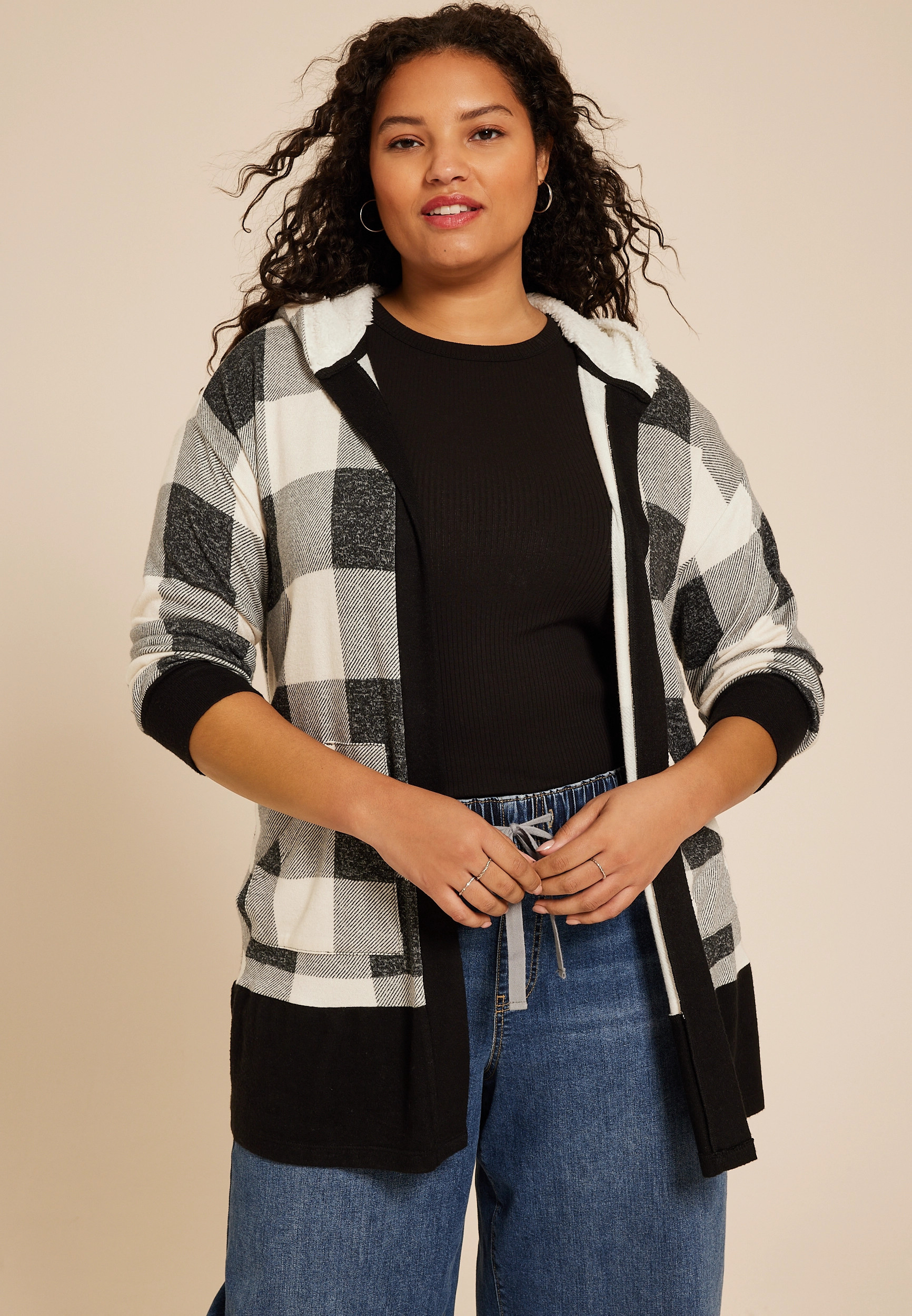 Maurices Plus Size Women's Buffalo Plaid Flannel Sherpa Lined Hood Cardigan | Maurices
