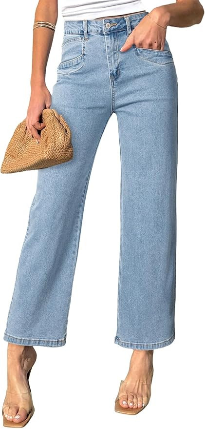 Sidefeel Women's Wide Leg Jeans High Waisted Stretchy Jeans Straight Leg Zimbaplatinum Ankle Deni... | Amazon (US)