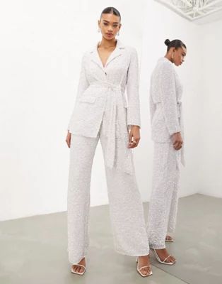 ASOS EDITION sequin tie-front wedding blazer and pants in ivory | ASOS (Global)