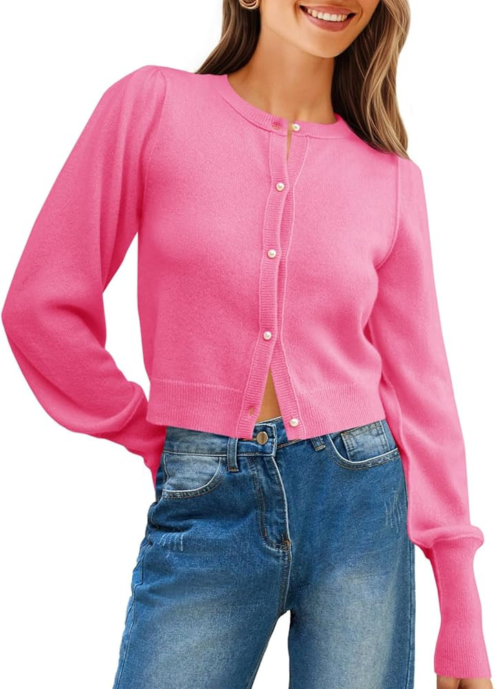 Saodimallsu Womens Cropped Cardigan Sweaters Crew Neck Button Down Long Puff Sleeve Loose Knit Fa... | Amazon (US)