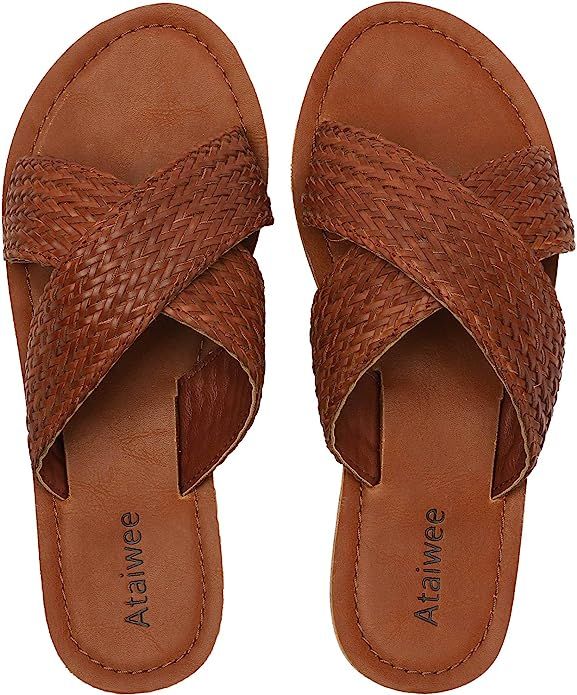 Ataiwee Womens Wide Slide Sandals - Slip On Casual Comfortable Leather Cross Strtap Open Toe Girl... | Amazon (US)