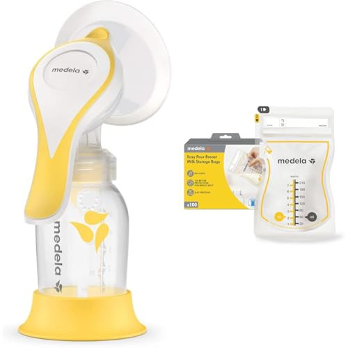 Medela Manual Harmony Breast Pump Single Hand Breast Pump + 100 Count Easy Pour Breastmilk 210ml Storage Bags for Breastfeeding | Amazon (US)