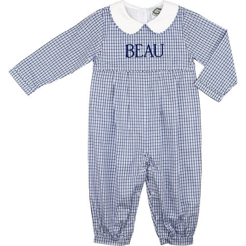 Blue And Navy Windowpane Long Romper - Shipping Early October | Cecil and Lou